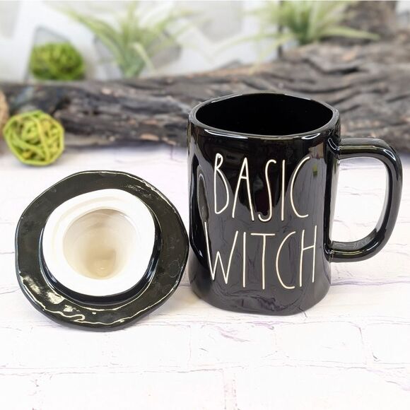 Rae Dunn BASIC WITCH Halloween Black/Orange Ceramic Mug w/ Witch Hat Lid Topper - Picture 3 of 7